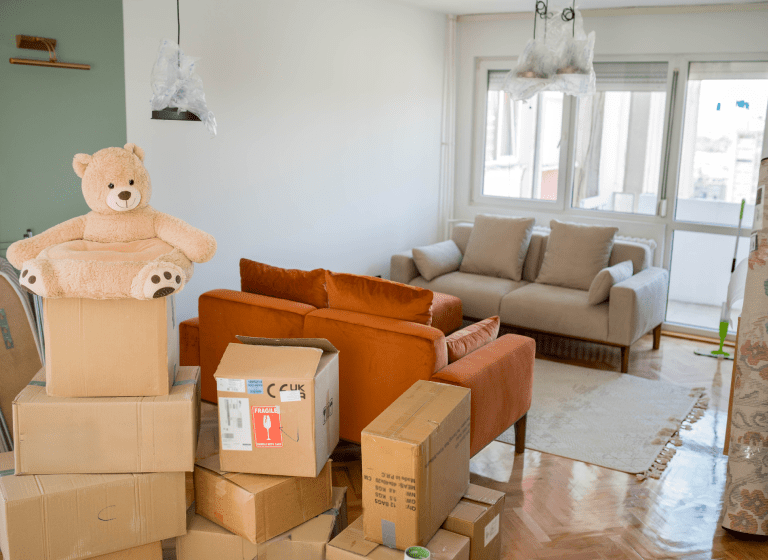 Living room with boxes and teddy bear.